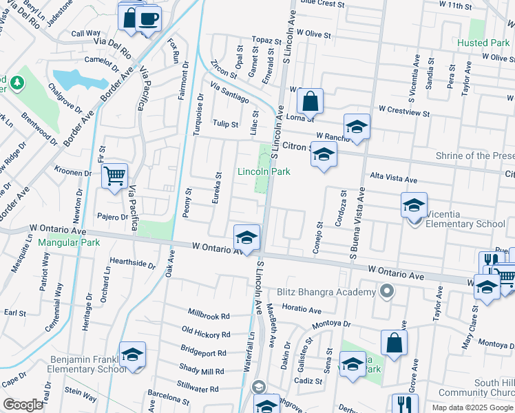 map of restaurants, bars, coffee shops, grocery stores, and more near 804 Daffodil Street in Corona