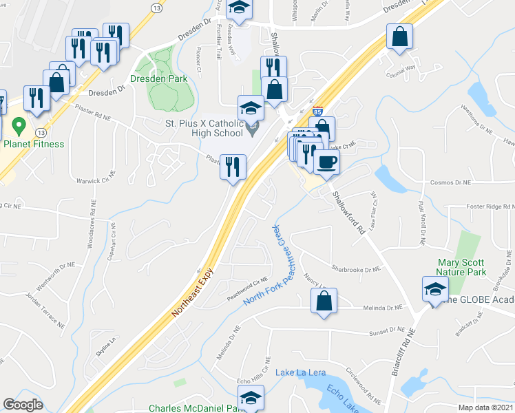 map of restaurants, bars, coffee shops, grocery stores, and more near 2805 Northeast Expressway in Atlanta