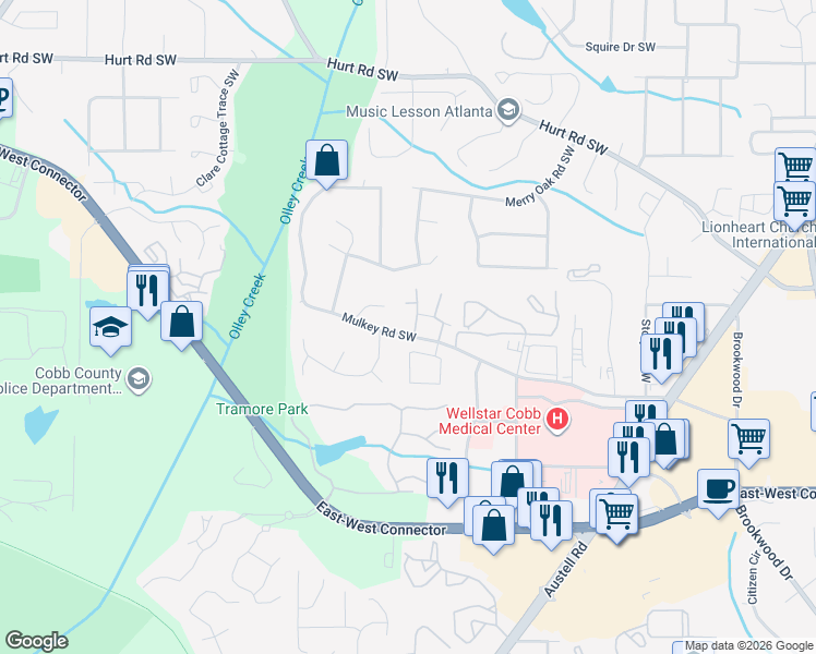 map of restaurants, bars, coffee shops, grocery stores, and more near 3900 Mulkey Circle Southwest in Marietta