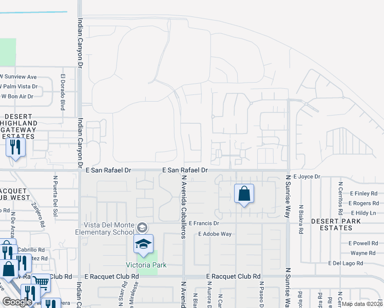 map of restaurants, bars, coffee shops, grocery stores, and more near 1083 East Circulo San Sorrento Road in Palm Springs