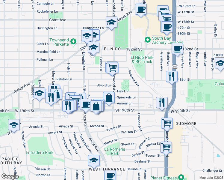 map of restaurants, bars, coffee shops, grocery stores, and more near 2610 Alvord Lane in Redondo Beach