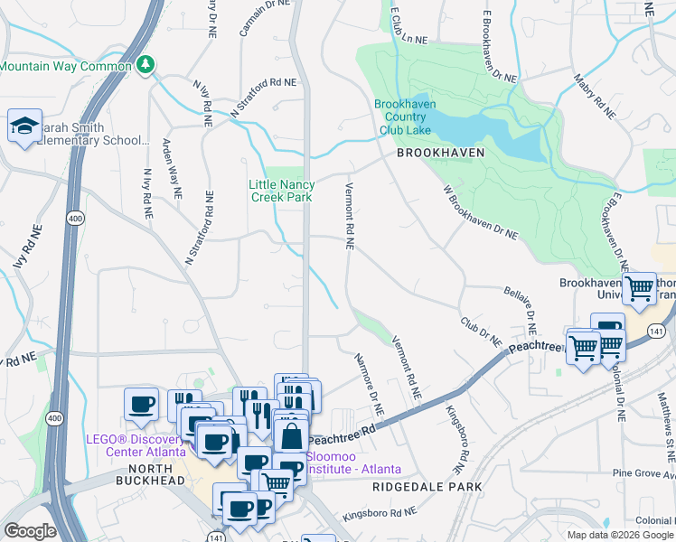map of restaurants, bars, coffee shops, grocery stores, and more near 3905 Peachtree Dunwoody Road in Atlanta