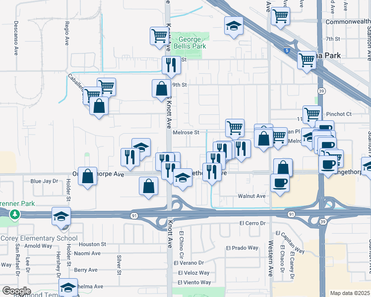 map of restaurants, bars, coffee shops, grocery stores, and more near 7100 Melrose Street in Buena Park
