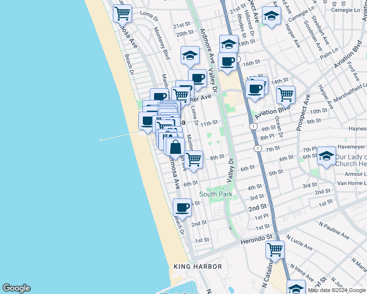 map of restaurants, bars, coffee shops, grocery stores, and more near 934 Manhattan Avenue in Hermosa Beach