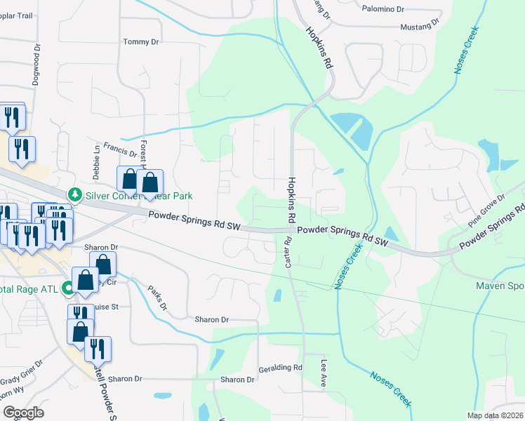 map of restaurants, bars, coffee shops, grocery stores, and more near 3890 Misty Bleau Drive in Powder Springs