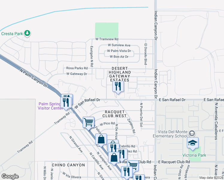 map of restaurants, bars, coffee shops, grocery stores, and more near 500 West San Rafael Drive in Palm Springs