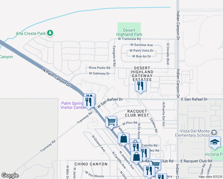 map of restaurants, bars, coffee shops, grocery stores, and more near 2820 North Arcadia Court in Palm Springs