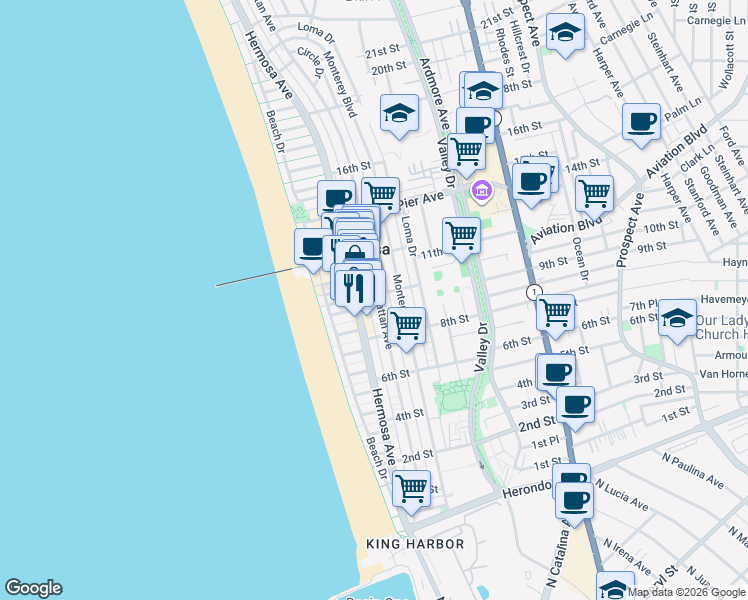map of restaurants, bars, coffee shops, grocery stores, and more near 150 10th Street in Hermosa Beach