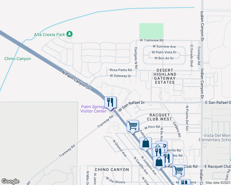 map of restaurants, bars, coffee shops, grocery stores, and more near 675 Los Felices Circle West in Palm Springs