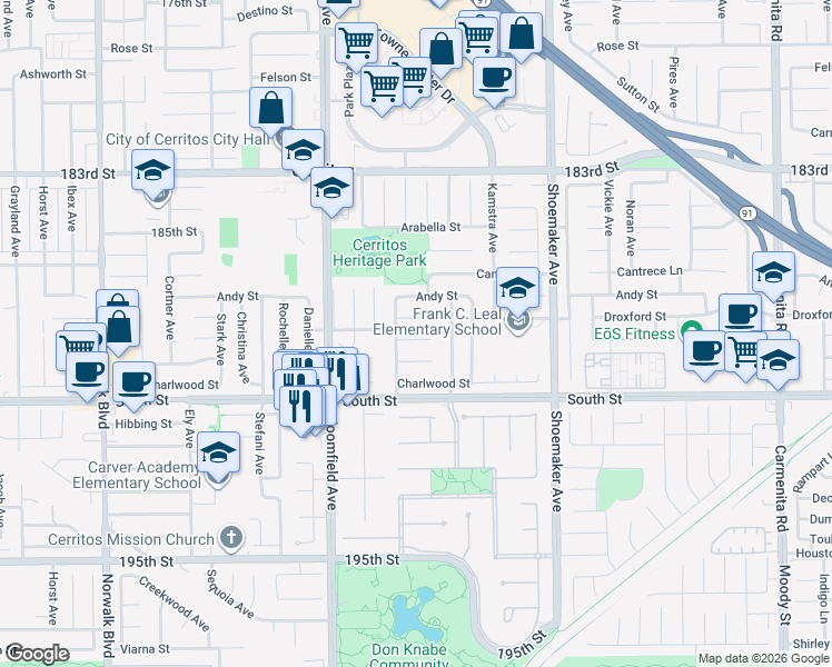 map of restaurants, bars, coffee shops, grocery stores, and more near 12722 Droxford Street in Cerritos