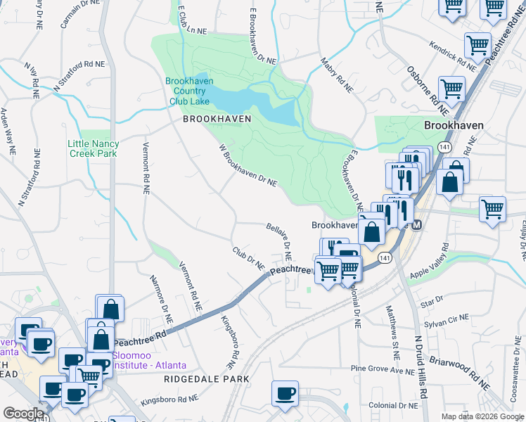map of restaurants, bars, coffee shops, grocery stores, and more near 3851 Club Drive Northeast in Atlanta