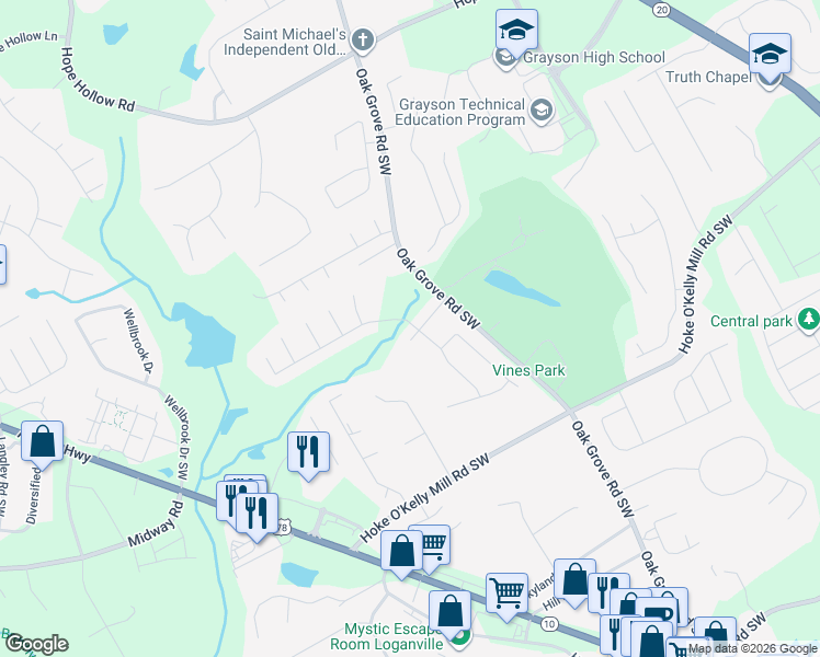 map of restaurants, bars, coffee shops, grocery stores, and more near 120 Lake Valley Drive Southwest in Loganville