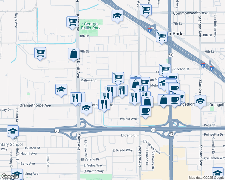 map of restaurants, bars, coffee shops, grocery stores, and more near 6867 Oran Circle in Buena Park