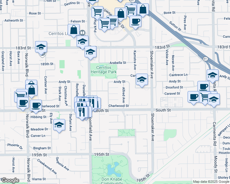 map of restaurants, bars, coffee shops, grocery stores, and more near 12722 Droxford Street in Cerritos