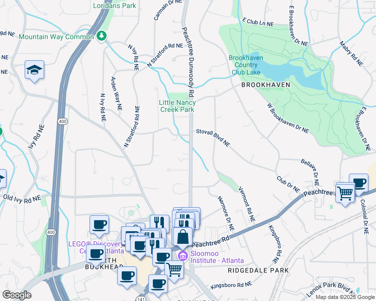 map of restaurants, bars, coffee shops, grocery stores, and more near 3888 Peachtree Dunwoody Road in Atlanta