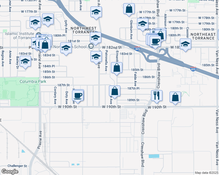map of restaurants, bars, coffee shops, grocery stores, and more near 18711 Cerise Avenue in Torrance