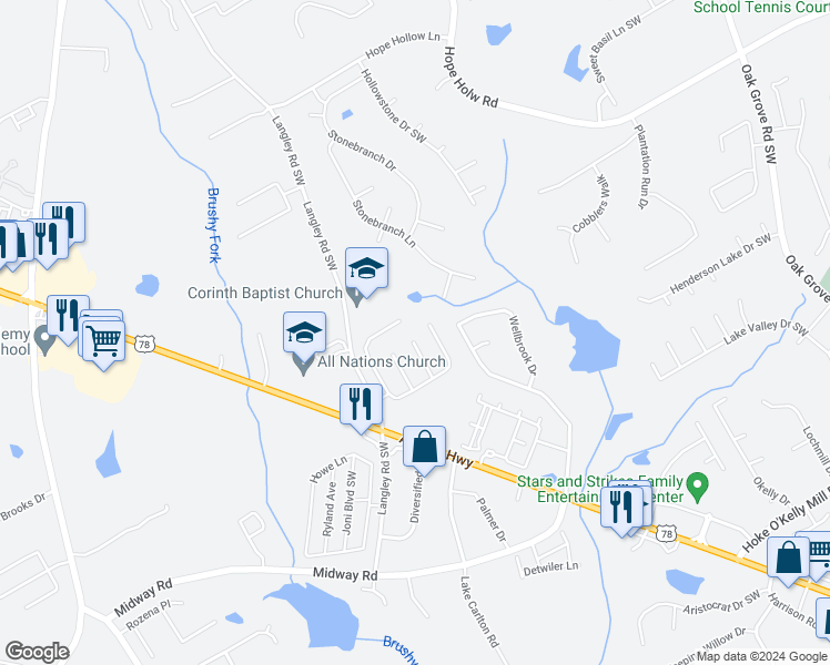 map of restaurants, bars, coffee shops, grocery stores, and more near 3232 Shady Valley Court Southwest in Loganville