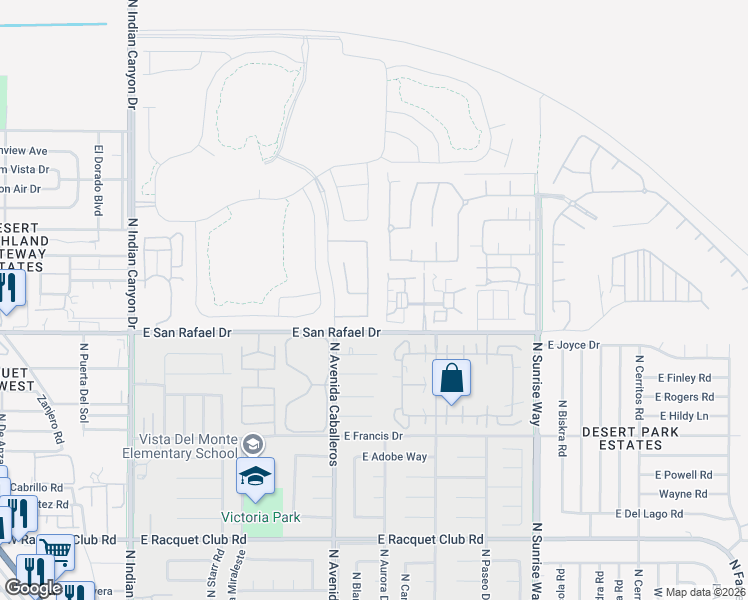 map of restaurants, bars, coffee shops, grocery stores, and more near 3320 North Avenida San Gabriel Road in Palm Springs