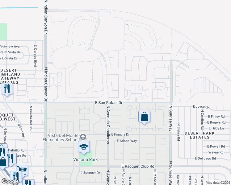 map of restaurants, bars, coffee shops, grocery stores, and more near 3330 East Circulo San Sorrento Road in Palm Springs