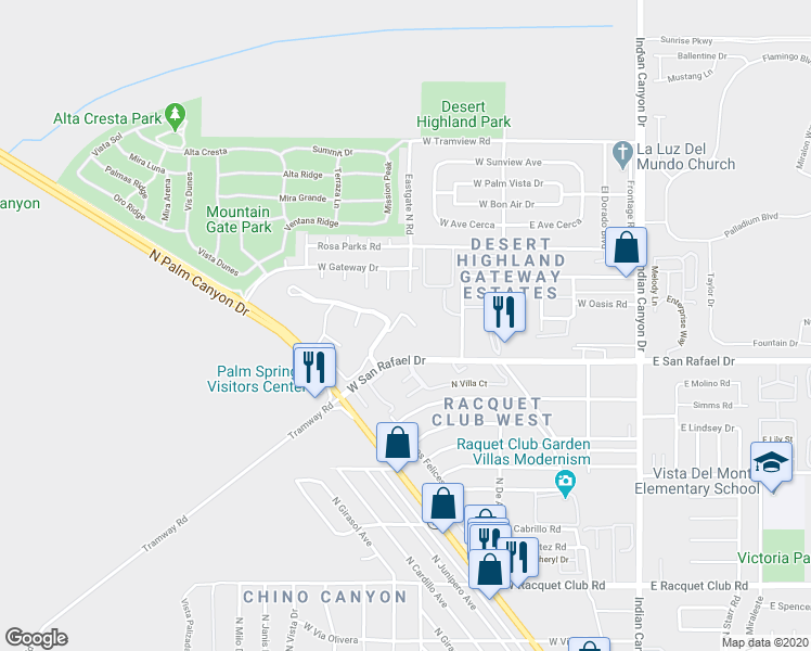 map of restaurants, bars, coffee shops, grocery stores, and more near 2810 North Arcadia Court in Palm Springs