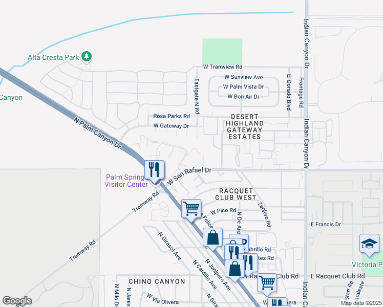 map of restaurants, bars, coffee shops, grocery stores, and more near 2810 North Arcadia Court in Palm Springs