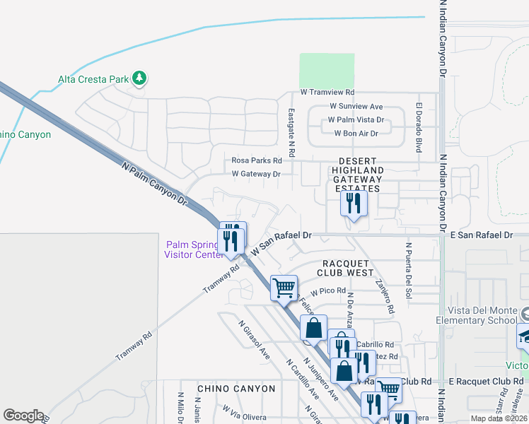 map of restaurants, bars, coffee shops, grocery stores, and more near 16 Ashby Circle in Palm Springs