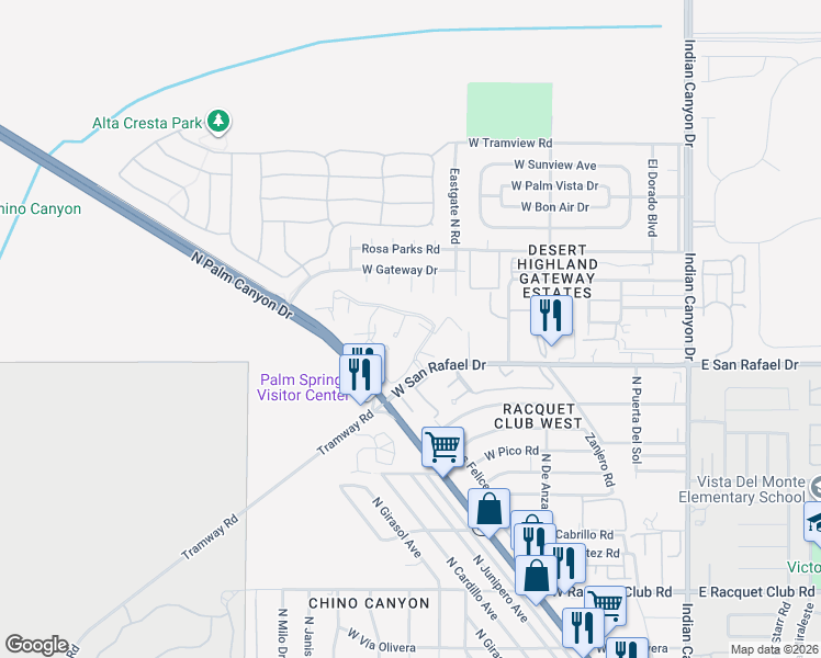 map of restaurants, bars, coffee shops, grocery stores, and more near 16 Ashby Circle in Palm Springs