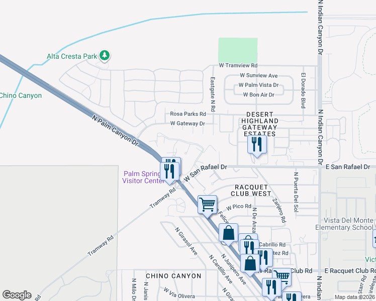 map of restaurants, bars, coffee shops, grocery stores, and more near 675 Los Felices Circle West in Palm Springs
