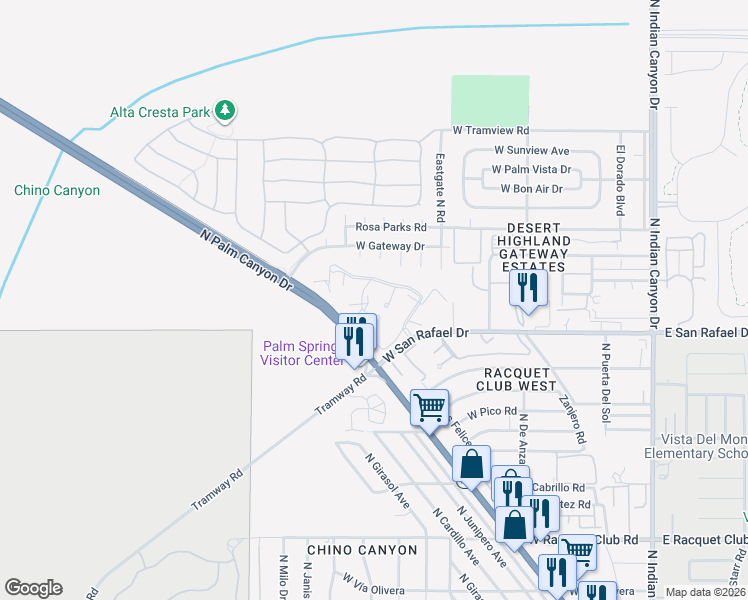 map of restaurants, bars, coffee shops, grocery stores, and more near 675 Los Felices Circle West in Palm Springs