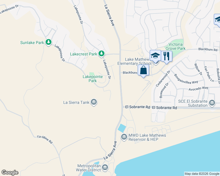 map of restaurants, bars, coffee shops, grocery stores, and more near 17841 Morning Rock Circle in Riverside