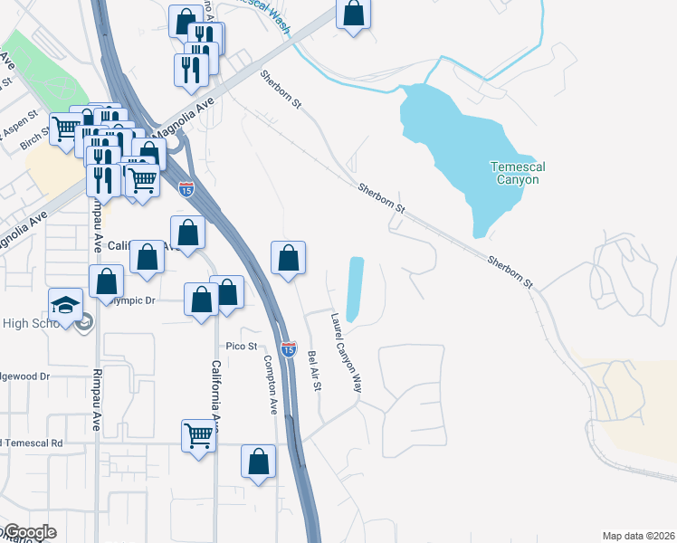 map of restaurants, bars, coffee shops, grocery stores, and more near 1651 Laurel Canyon Way in Corona