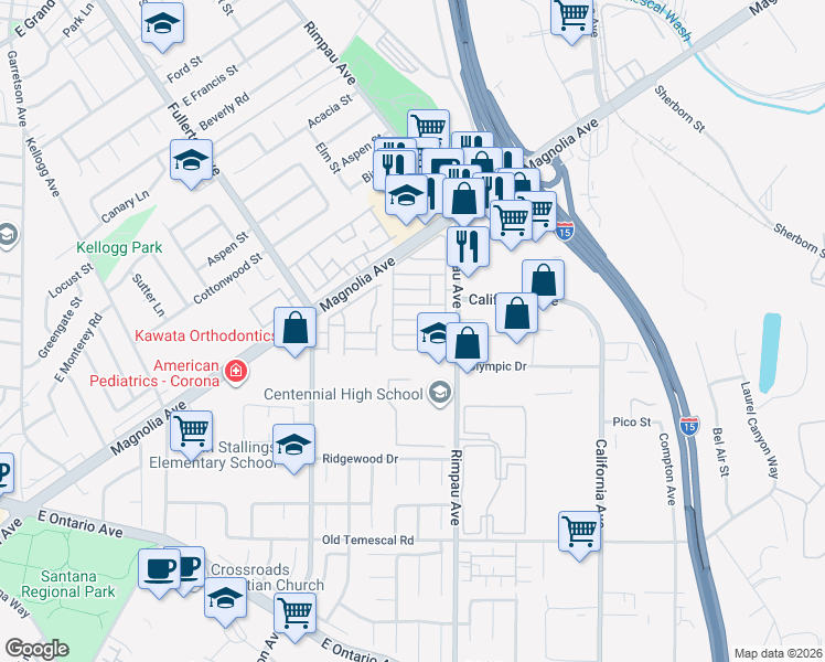 map of restaurants, bars, coffee shops, grocery stores, and more near 1550 Rimpau Avenue in Corona