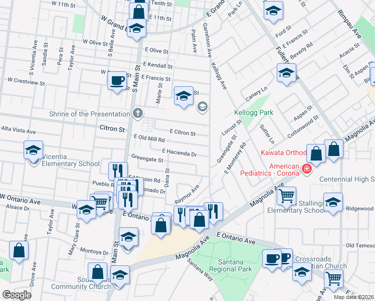 map of restaurants, bars, coffee shops, grocery stores, and more near 370 East Old Mill Road in Corona