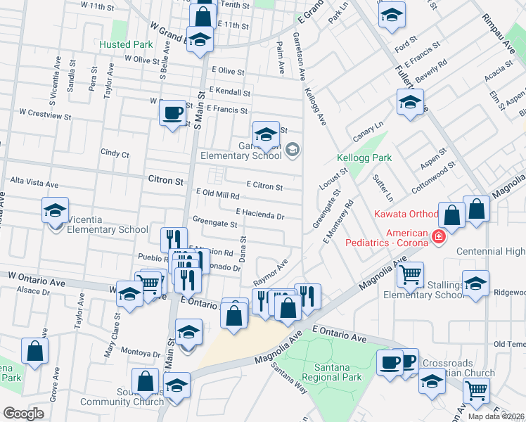 map of restaurants, bars, coffee shops, grocery stores, and more near 370 East Old Mill Road in Corona