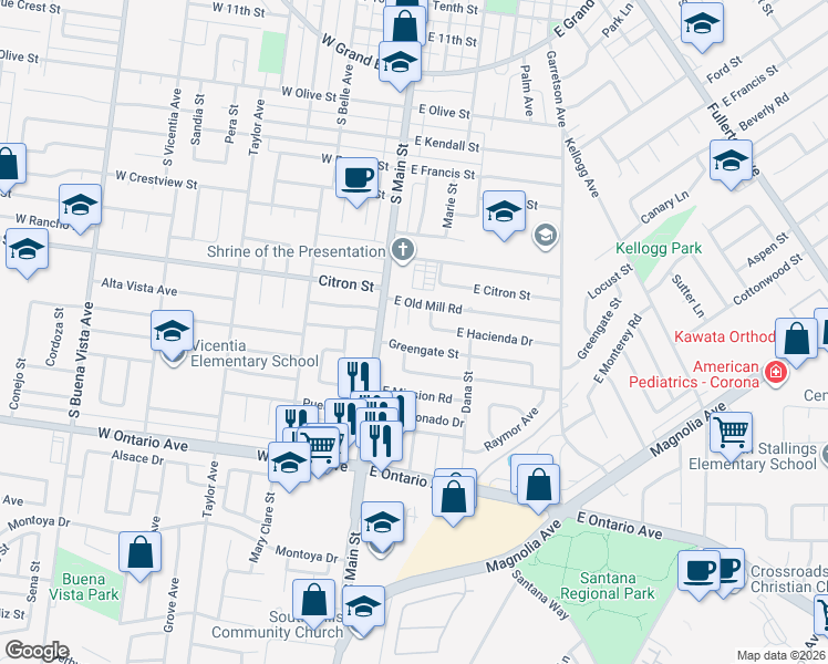map of restaurants, bars, coffee shops, grocery stores, and more near 1830 Marie Street in Corona