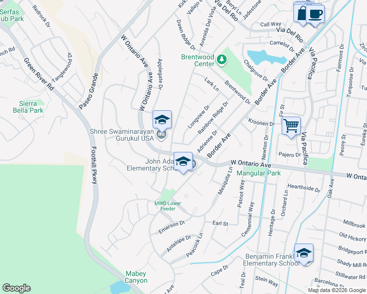 map of restaurants, bars, coffee shops, grocery stores, and more near 2293 Longview Drive in Corona