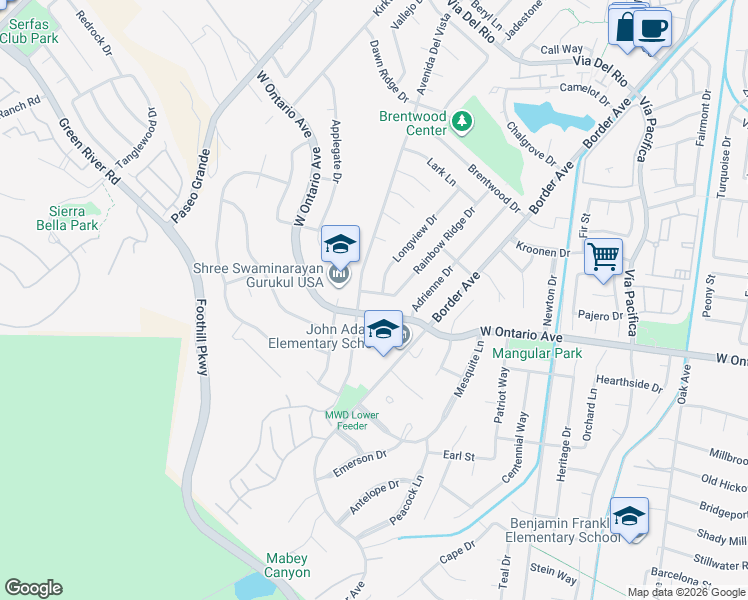 map of restaurants, bars, coffee shops, grocery stores, and more near 2293 Longview Drive in Corona