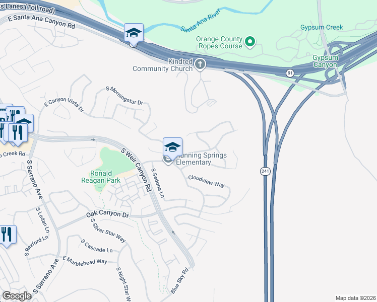 map of restaurants, bars, coffee shops, grocery stores, and more near 8725 East Garden View Drive in Anaheim