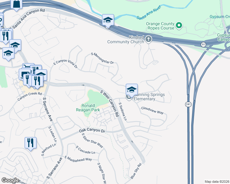 map of restaurants, bars, coffee shops, grocery stores, and more near 8620 East Sunnywalk Lane in Anaheim