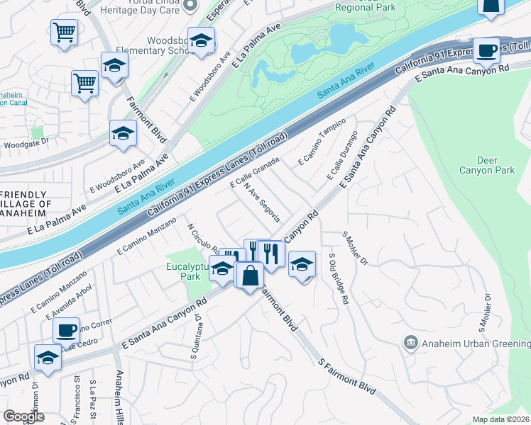 map of restaurants, bars, coffee shops, grocery stores, and more near 170 North Avenue Segovia in Anaheim