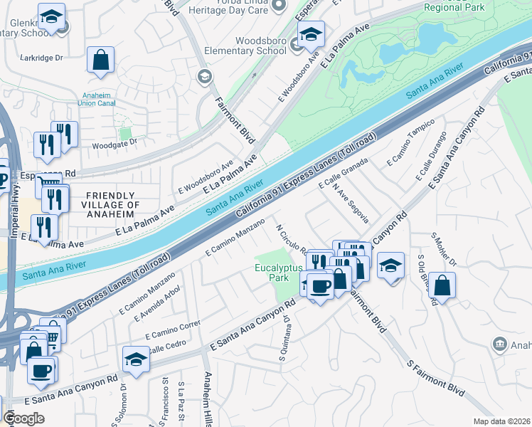 map of restaurants, bars, coffee shops, grocery stores, and more near 6261 East Camino Manzano in Anaheim