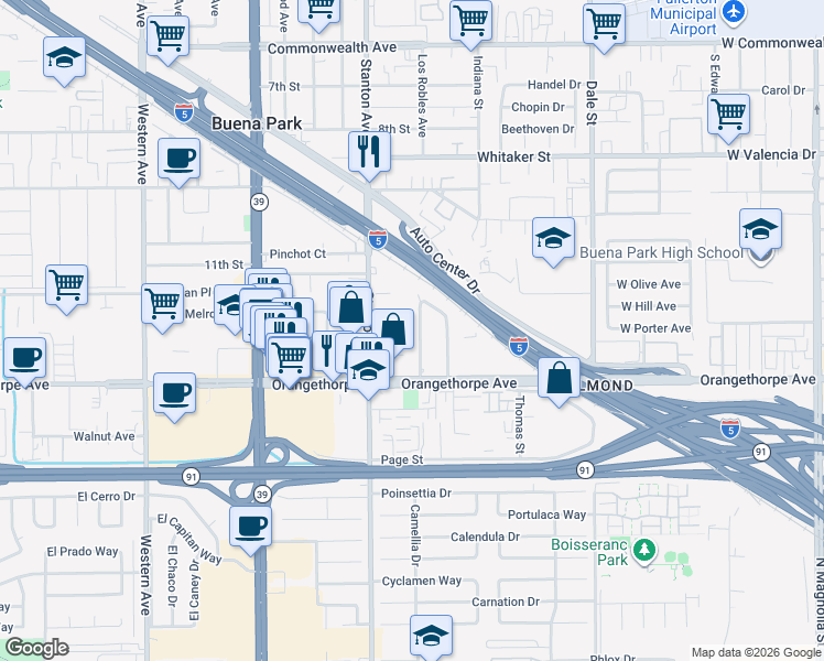 map of restaurants, bars, coffee shops, grocery stores, and more near 6842 Oregon Street in Buena Park