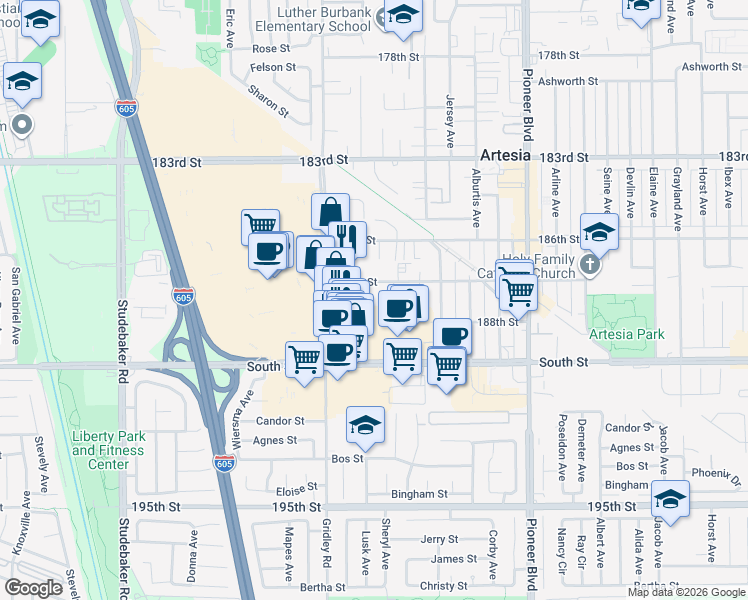 map of restaurants, bars, coffee shops, grocery stores, and more near 18716 Grace Court in Artesia