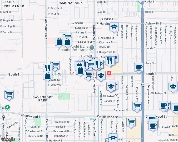 map of restaurants, bars, coffee shops, grocery stores, and more near 3321 South Street in Long Beach