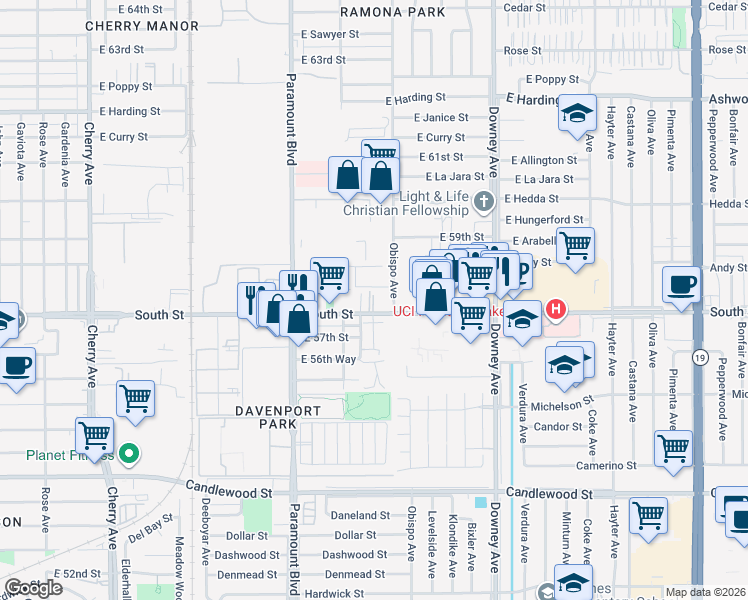 map of restaurants, bars, coffee shops, grocery stores, and more near 2920 East Hullett Street in Long Beach