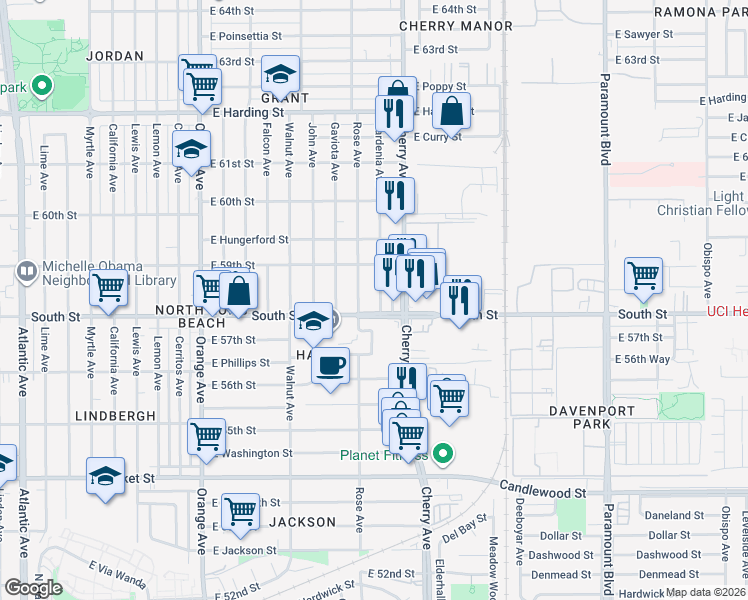 map of restaurants, bars, coffee shops, grocery stores, and more near 5845 Gardenia Avenue in Long Beach
