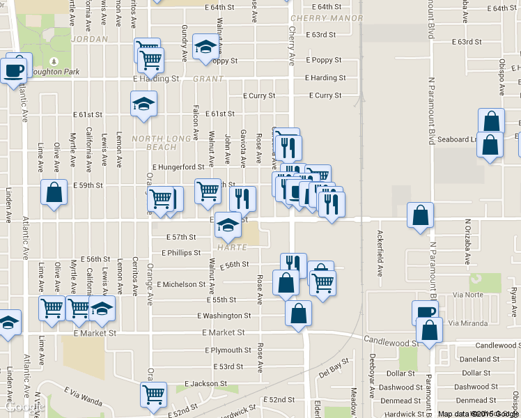 map of restaurants, bars, coffee shops, grocery stores, and more near 5845 Gardenia Avenue in Long Beach