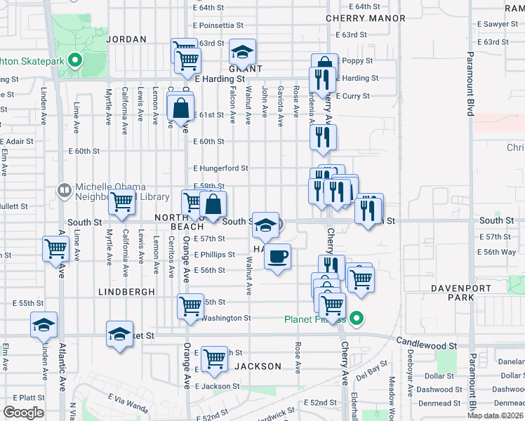 map of restaurants, bars, coffee shops, grocery stores, and more near 5836 Walnut Avenue in Long Beach