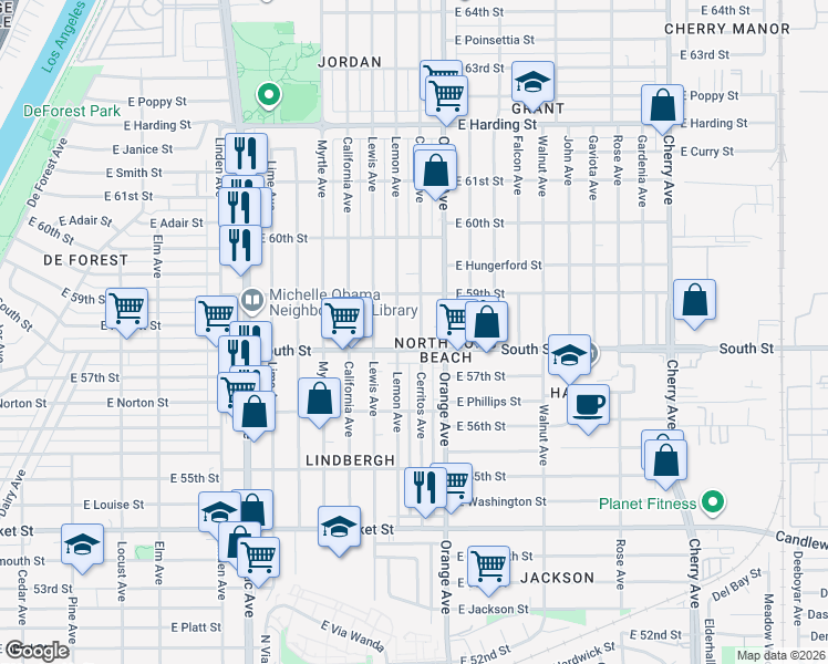 map of restaurants, bars, coffee shops, grocery stores, and more near 5850 Lemon Avenue in Long Beach