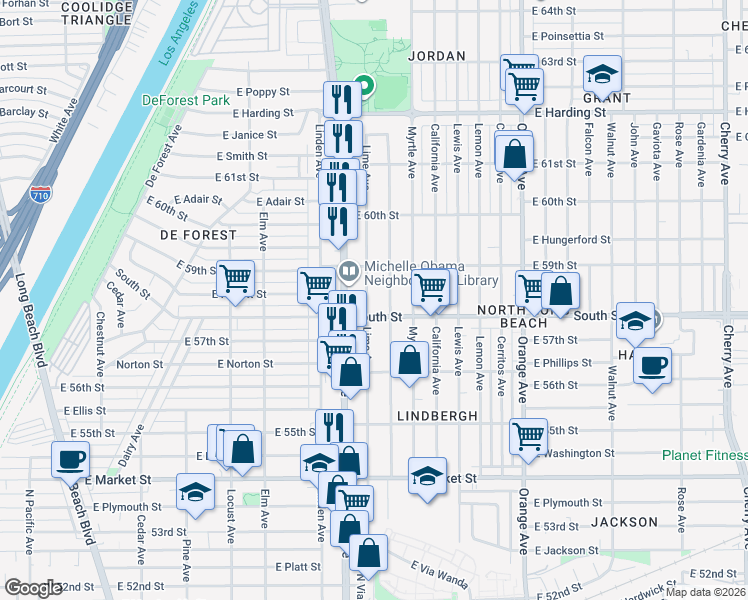 map of restaurants, bars, coffee shops, grocery stores, and more near 5840 Lime Avenue in Long Beach